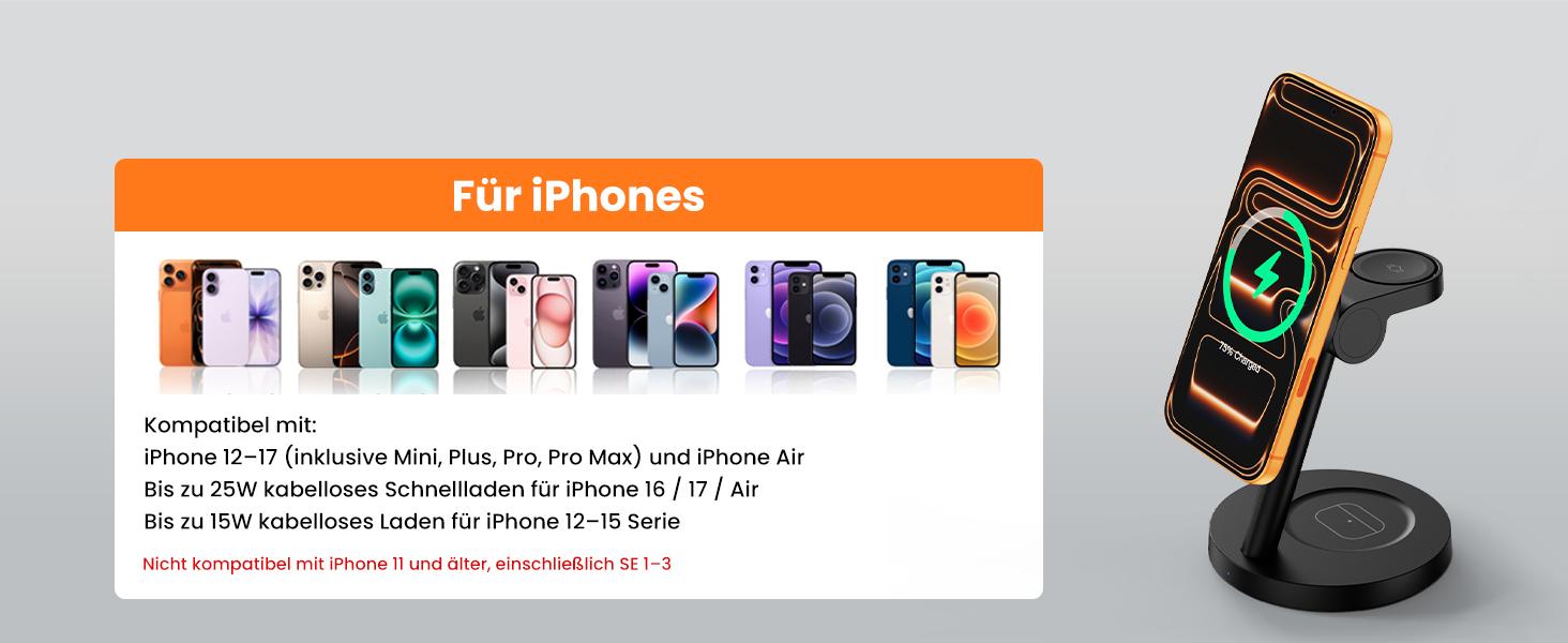 Зарядна станція JoyGeek 3-в-1 MagSafe 25W для iPhone 17/16, Apple Watch, Samsung Watch та AirPods з адаптером 45W (Чорний матовий)