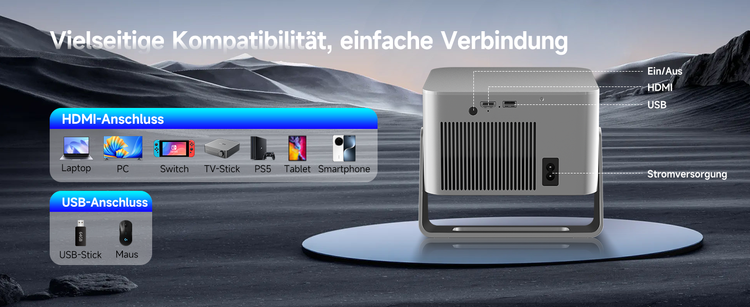 Magcubic Beamer 4K: Міні-проектор з WiFi 5, Bluetooth 5.1, 15W, 650 ANSI, Dolby Audio/HDR10+, автофокус, трапец. корекція, 180° обертання (сірий)