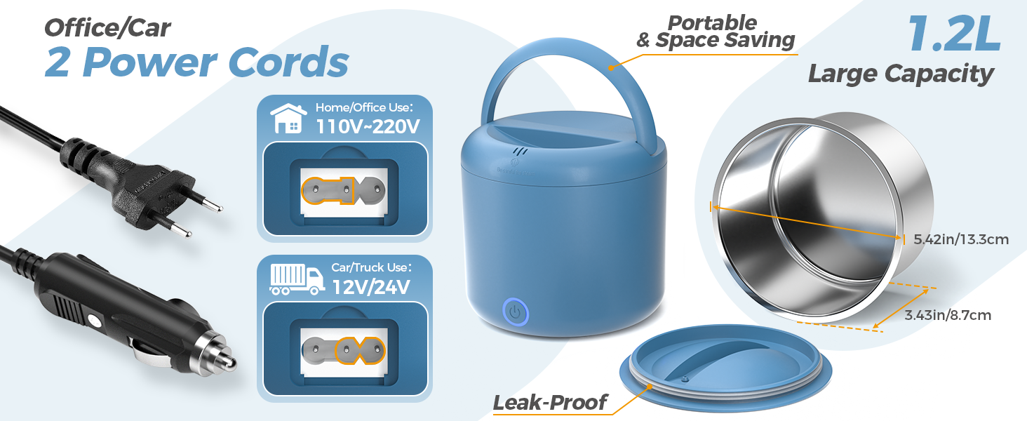 Електрична ланчбокс 80W для дорослих з термоізоляцією, нержавіюча сталь, набір виделки та ложки, 2 контейнери по 1.5л, 3-в-1, 12/24/110~230V, витокозахисний, для авто, вантажівки, офісу (блакитний 1.2л, євро-штекер)