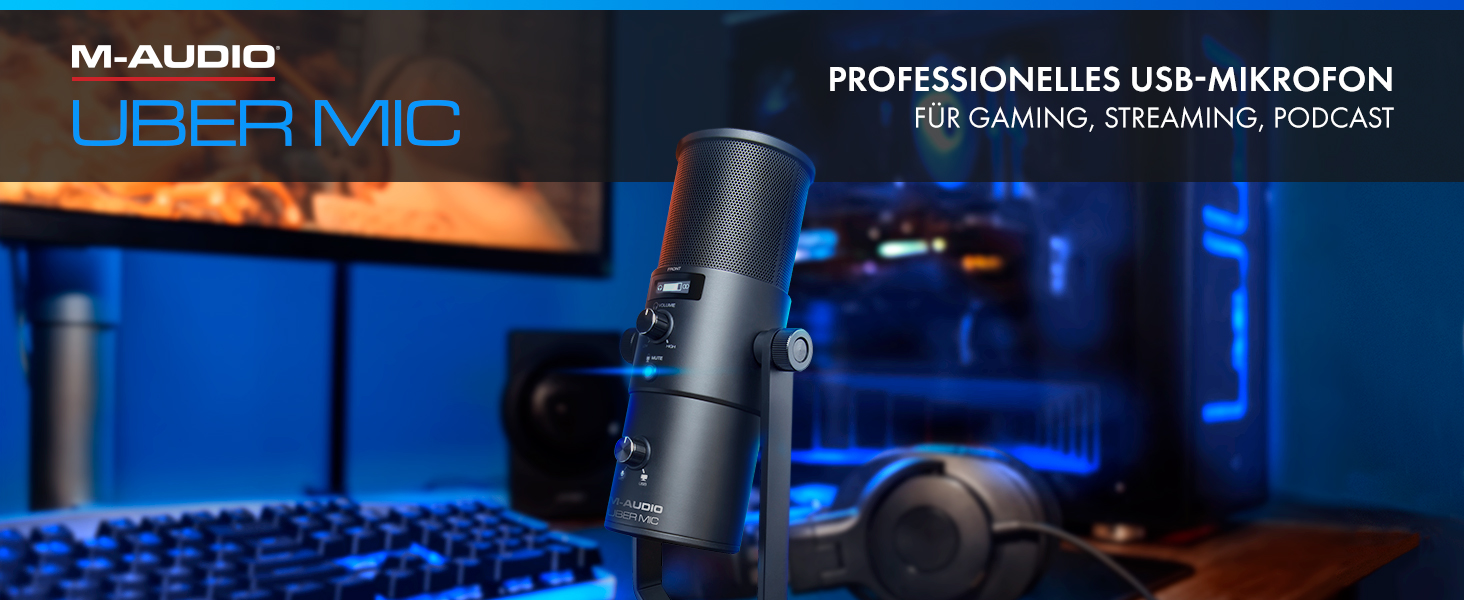 M-Audio Uber Mic - USB конденсаторний мікрофон для геймінгу, стрімінгу, подкастів та студійних записів. 4 характеристики спрямованості, кнопка вимкнення мікрофона, вихід для навушників