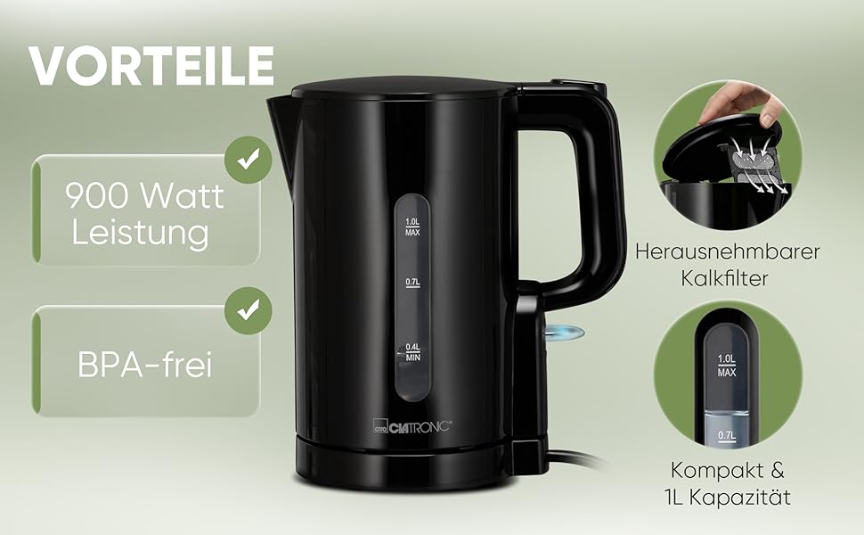 Електричний чайник Clatronic WK 3834 білий: 1л, 900W, BPA Free, захист від перегріву