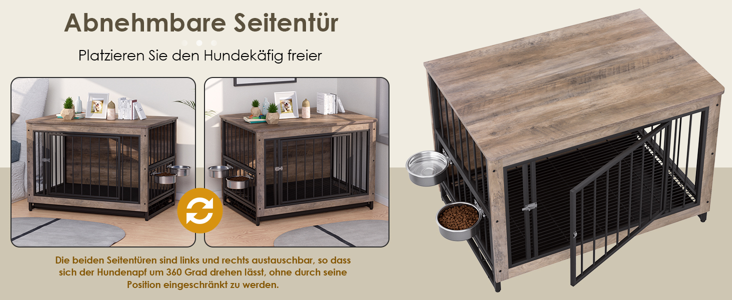 Дерев'яна собача будка/переноска для дому, 93x64x58 см, з піддоном та мисками, для собак середніх та маленьких порід (до 40 кг), білий/сірий колір