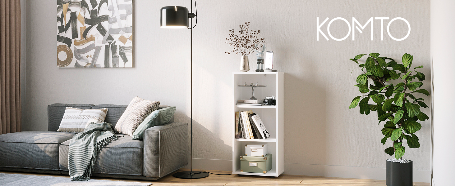 Білий книжковий стелаж KOMTO Regal 80 см, 3 полиці, регульована висота, 80x90x24 см, для книг і зберігання