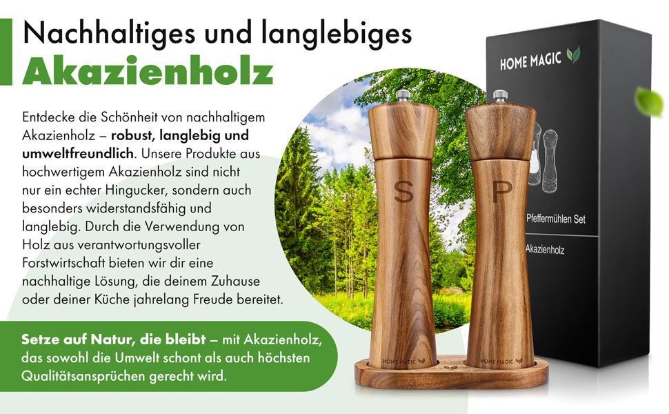 Набір з 2 мельниць для солі та перцю Pfeffermühle Holz з акації з підставкою | Преміум якість, керамічний механізм