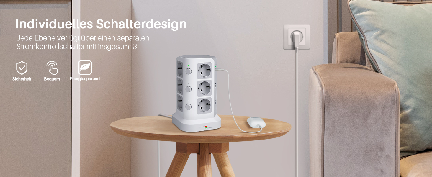 Стедова колонка KOOSLA з 12 розетками, захистом від перенапруги (4000W/16A) та 6 USB, 5м, білий - для офісу, кухні, столу