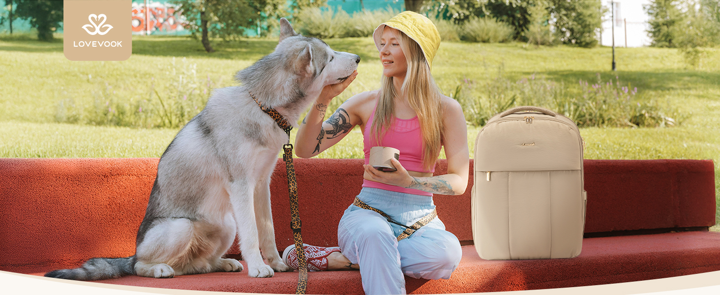 Рюкзак LOVEVOOK для жінок, 40L, ручна поклажа, для подорожей, з відділенням для взуття та ноутбука 17 дюймів, водонепроникний, для бізнес-поїздок та відпочинку, бежевий