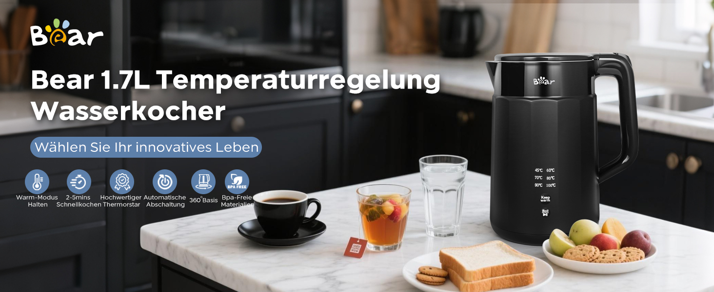 Електричний чайник Bear 1.7L з регулюванням температури, нержавіюча сталь, захист від сухого кип'яття, BPA Free