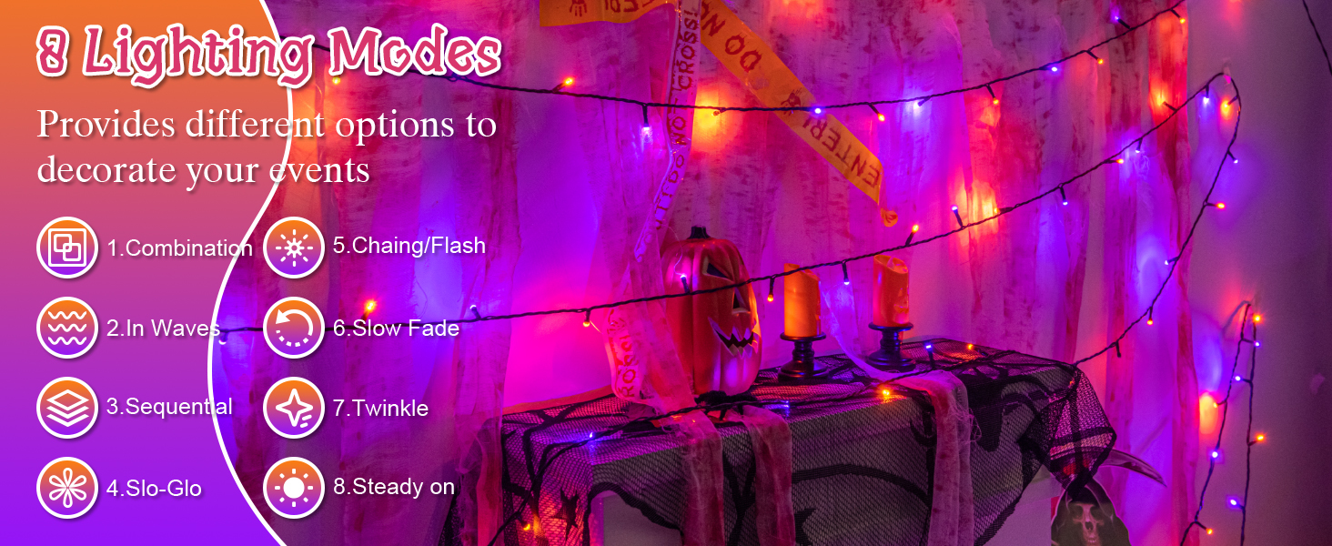 Гірлянда на Хелловін, 30м, 300 LED, оранжево-фіолетова, з функцією пам'яті та таймером, 8 режимів освітлення, вологостійка, для декорування інтер'єру та екстер'єру