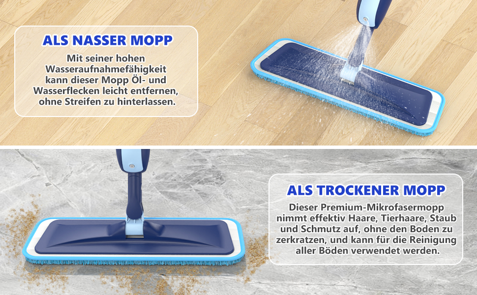 Швабра з розпилювачем MANGOTIME: швабра з розпилювачем, швабра для підлоги з баком та 3 накладки для швидкого миття твердих підлог (блакитна)