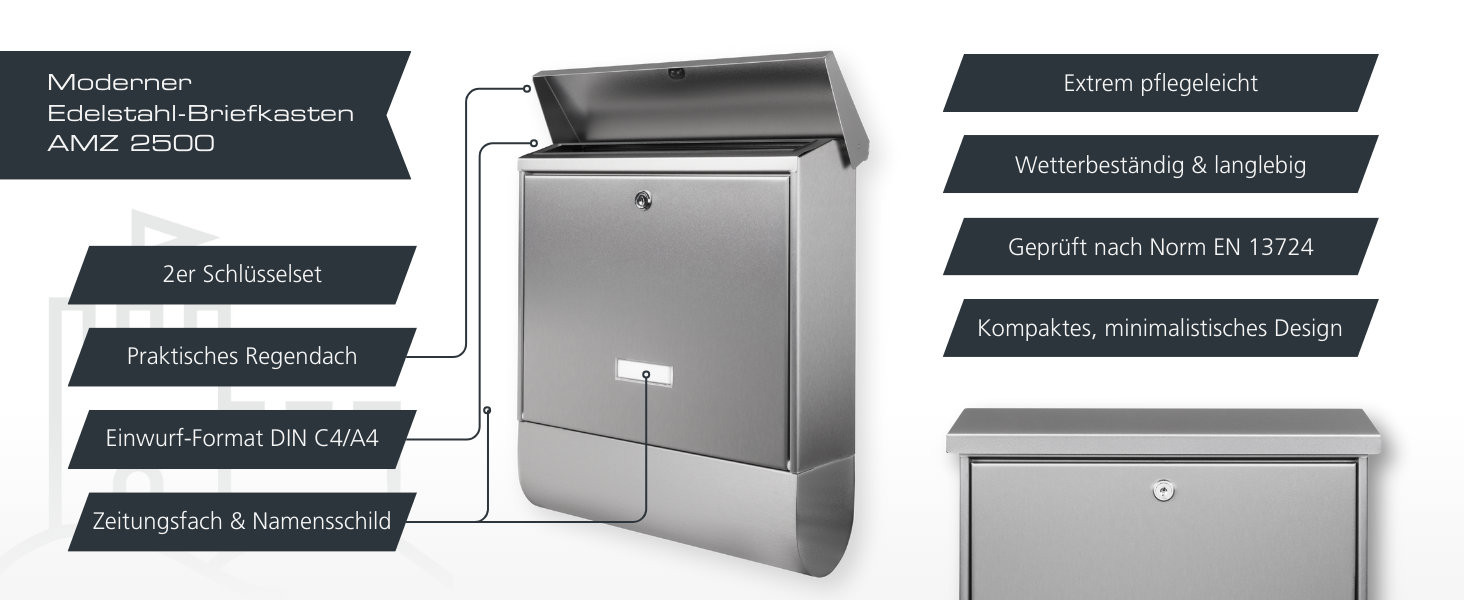 Поштова скринька Burg-Wächter з газетницею та табличкою для імені, нержавіюча сталь, формат DIN C4, 2 ключі, AMZ 2500 NI
