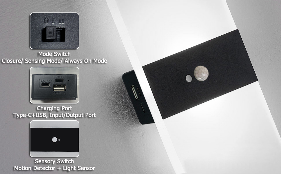 LED настінний світильник VOMI з датчиком руху, акумуляторний, бездротовий, USB зарядка, 4000mAh, для коридору та сходів, 2 білих світлодіодів, 6000K