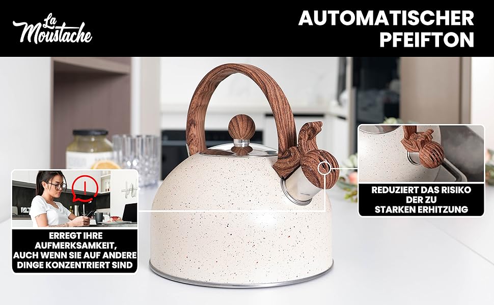 Чайник La Moustache Induktion: 2,5 л, 10 чашок, з нержавіючої сталі, з термостійким ручками та кришкою, для всіх плит (Бежевий)