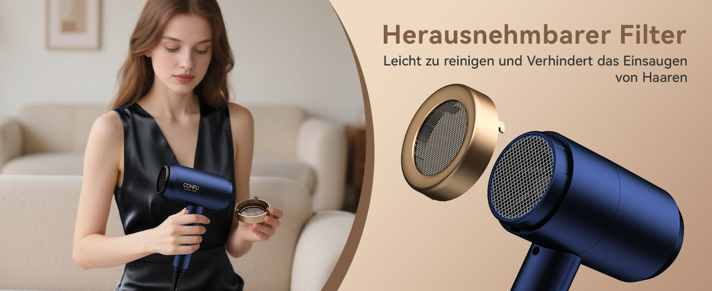 Іонізатор для волосся Föhn, 1800W, з насадкою-дифузором, 3 режими температури, безліч налаштувань швидкості, портативний фен, Marineblau (морський блакитний)