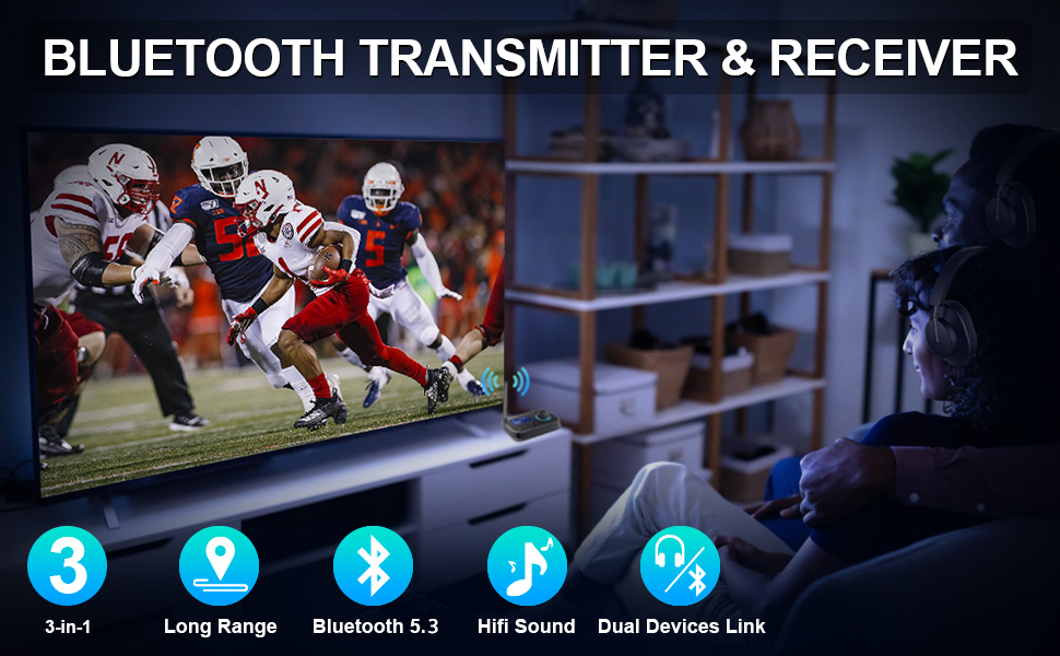 Bluetooth 5.0 Передавач/Приймач Аудіо Адаптер 3-в-1 для 2 Навушників з Низькою Затримкою, Регулюванням Гучності, AUX, Оптичний, RCA для TV, Стереосистеми, ПК (Чорний + Сірий)