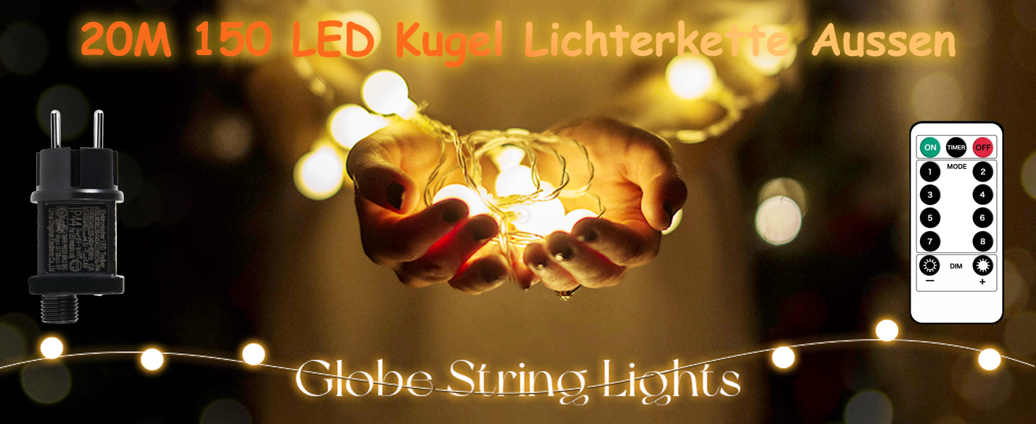 LED гірлянда на батарейках, 20м, 150 LED кульки, гірлянда з вилкою для внутрішнього та зовнішнього використання, 8 режимів світіння, IP45 вологостійка, ідеальна для Різдва, весілля, вечірки, саду, тепле біле світло