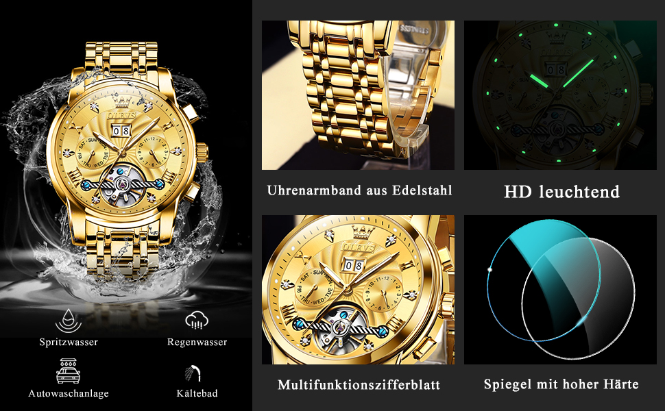 Чоловічий скелетон-годинник OLEVS 9910: кварцовий спортивний годинник з водовідштовхувальним корпусом, сталевий браслет (золото-срібло) та зелений циферблат