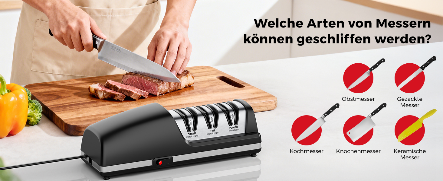 Професійний електричний точило для ножів | Змінні насадки | 100% алмазний абразив, прецизійна система нахилу, підходить для заточування ножів з двостороннім та хвилястим лезом, чорний
