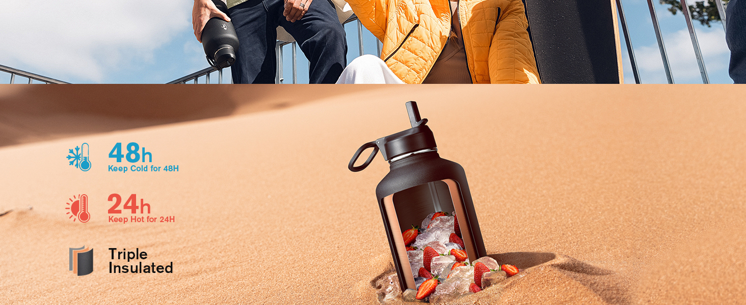 Термос пляшка для води Coolflask 2 л з трубочкою та 3 кришками, ізольована сталева спортивна пляшка з подвійною вакуумною ізоляцією, не протікає, чорна для спорту та офісу