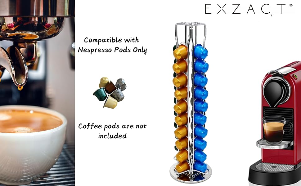 Органайзер для кавових капсул Exzact, сумісний з Nespresso (на 40 капсул) — обертовий підставний тримач для кавових капсул, протиковзкий, сріблястий