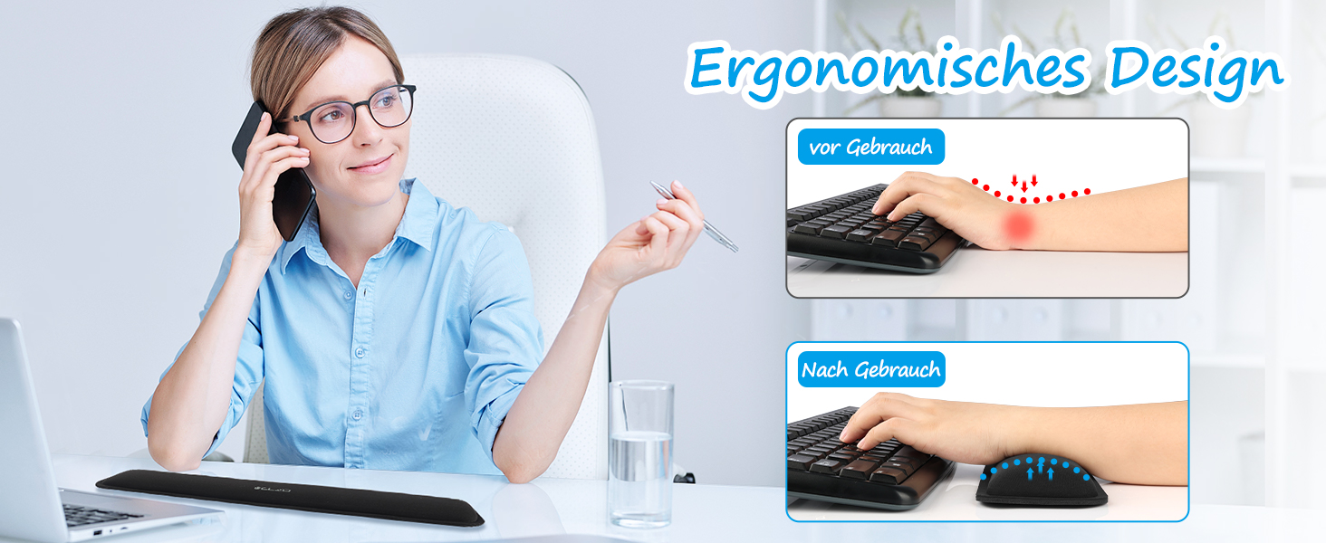 Підставка для зап'ястя ELZO для клавіатури з Memory Foam - ергономічна, чорна | Захист від синдрому зап'ястного каналу