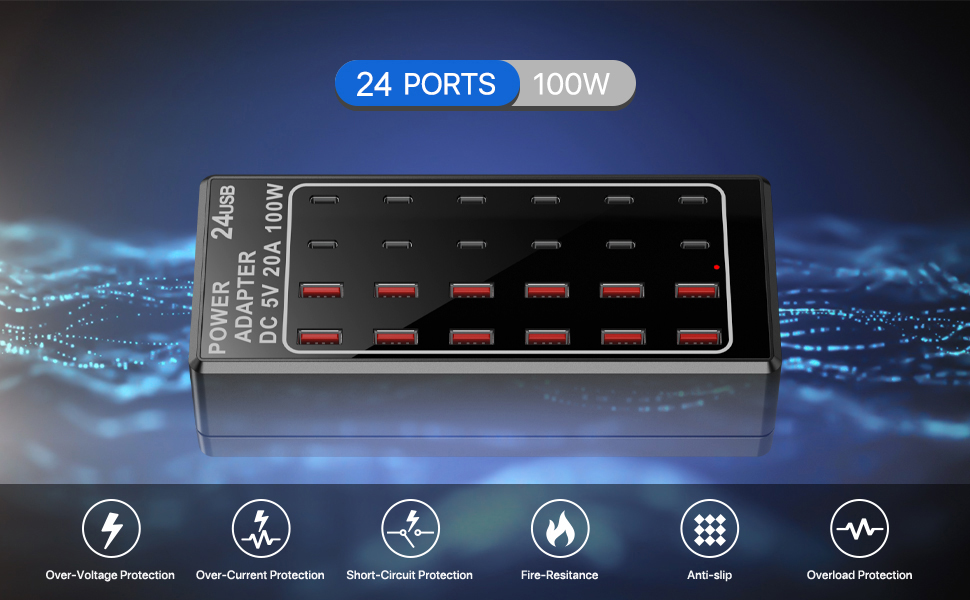 Зарядний пристрій USB-C на 24 порти 100W/20A, настільна USB-станція для iPhone, Samsung, Google, планшетів та ін.