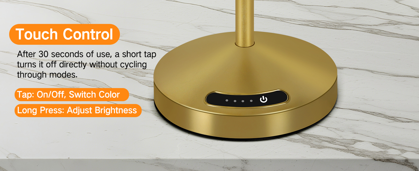 OUTON Бездротова настільна лампа Gold – LED лампа з торканням, регулювання яскравості, 3 режими кольору (3000K–6000K), акумулятор 4000mAh, USB-C, до 120 годин роботи, пам'ять, для спальні, бару та декору, золота
