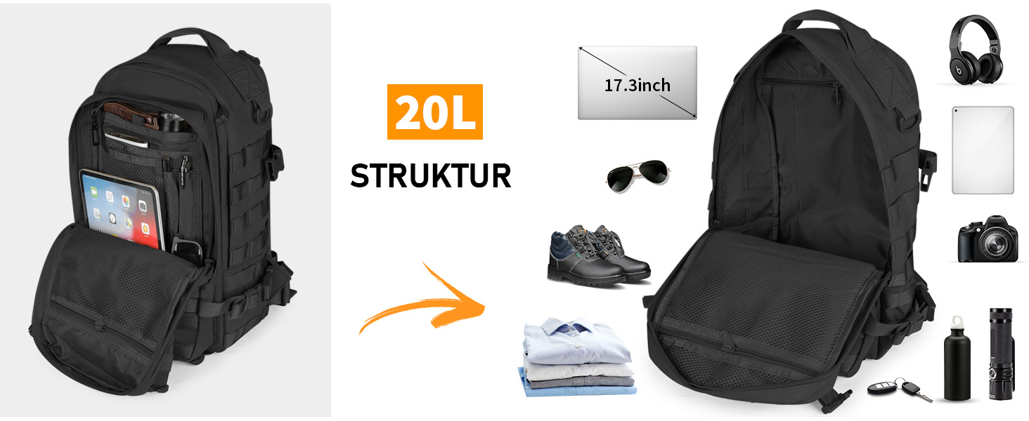 Тактичний рюкзак HUNTVP 20 л для спорту, туризму та велоспорту, водовідштовхувальний, MOLLE, для чоловіків і жінок, чорний/коричневий/камуфляж
