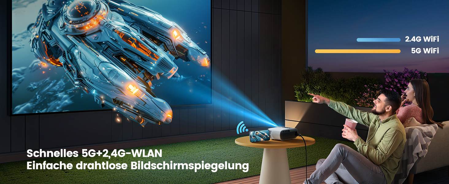 Портативний проєктор Mini Beamer 4K з підтримкою Android 13, WiFi 6, Bluetooth 5.4, обертання 270°, автотрапецеїдна корекція, HDMI/Android/iOS/PC/USB, білий (блакитний)