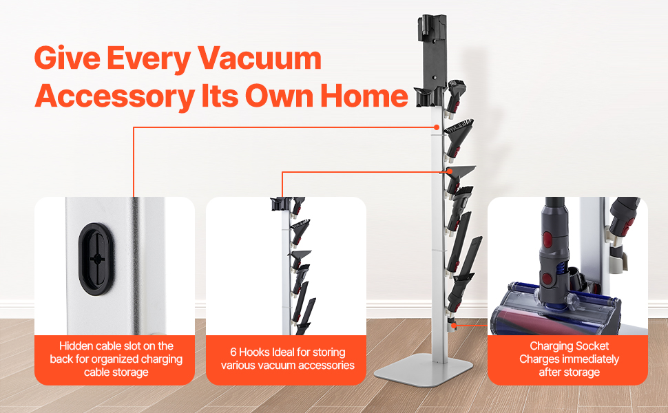 Стійка для пилососа VEVOR 126 см, сумісна з Dyson G5, V15, V12, V11, V10, V8, V7, V6 серії, з аксесуарами, підлогова стійка, кріплення з 6 гачками та антиковзними накладками, сріблястий колір