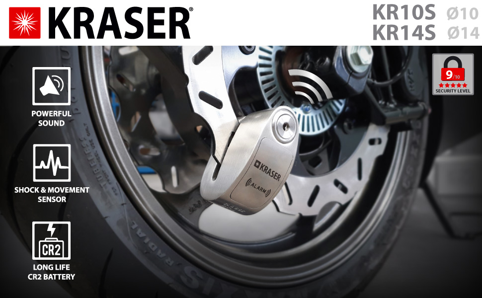 Мотозамок сигналізація KRASER KR10S, 120дБ, подвійний захист, диск-кліп, нержавіюча сталь, Ø10мм, протиугінний замок для мотоцикла, скутера, велосипеда