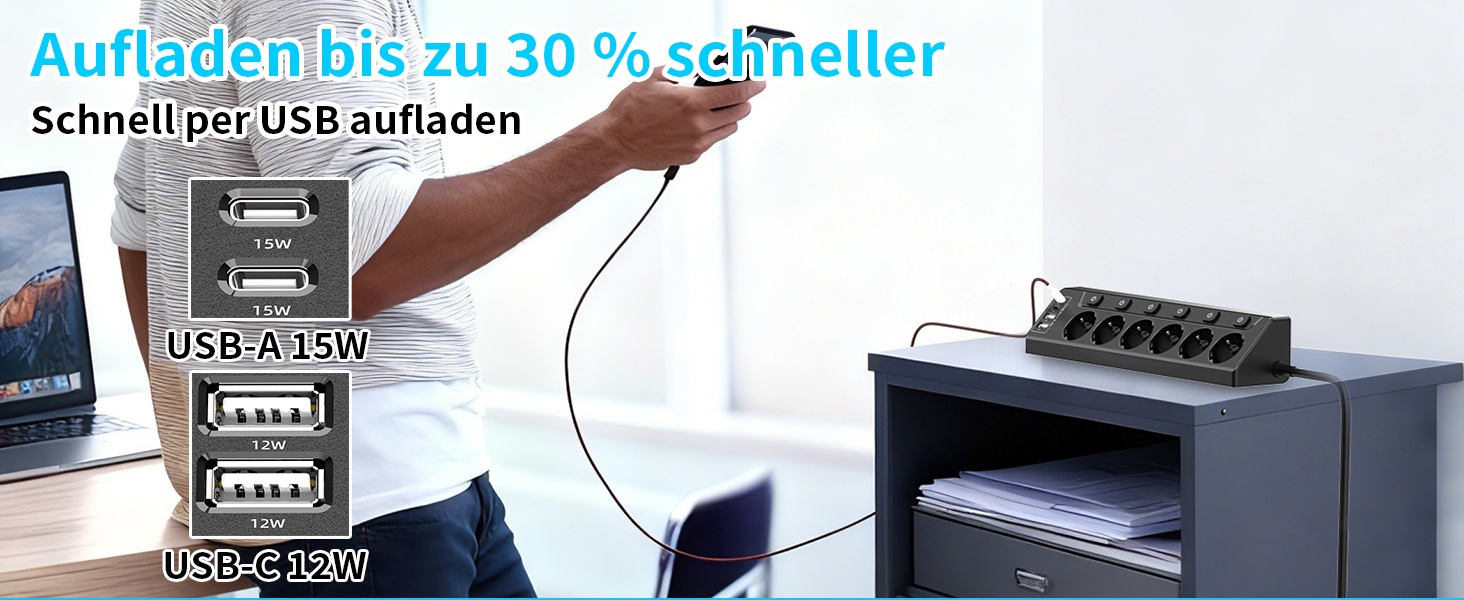 Мережевий фільтр з USB-C, 6 розеток, кабель 2м (4000W, 16A), розподільний блок для кухні/офісу, чорний