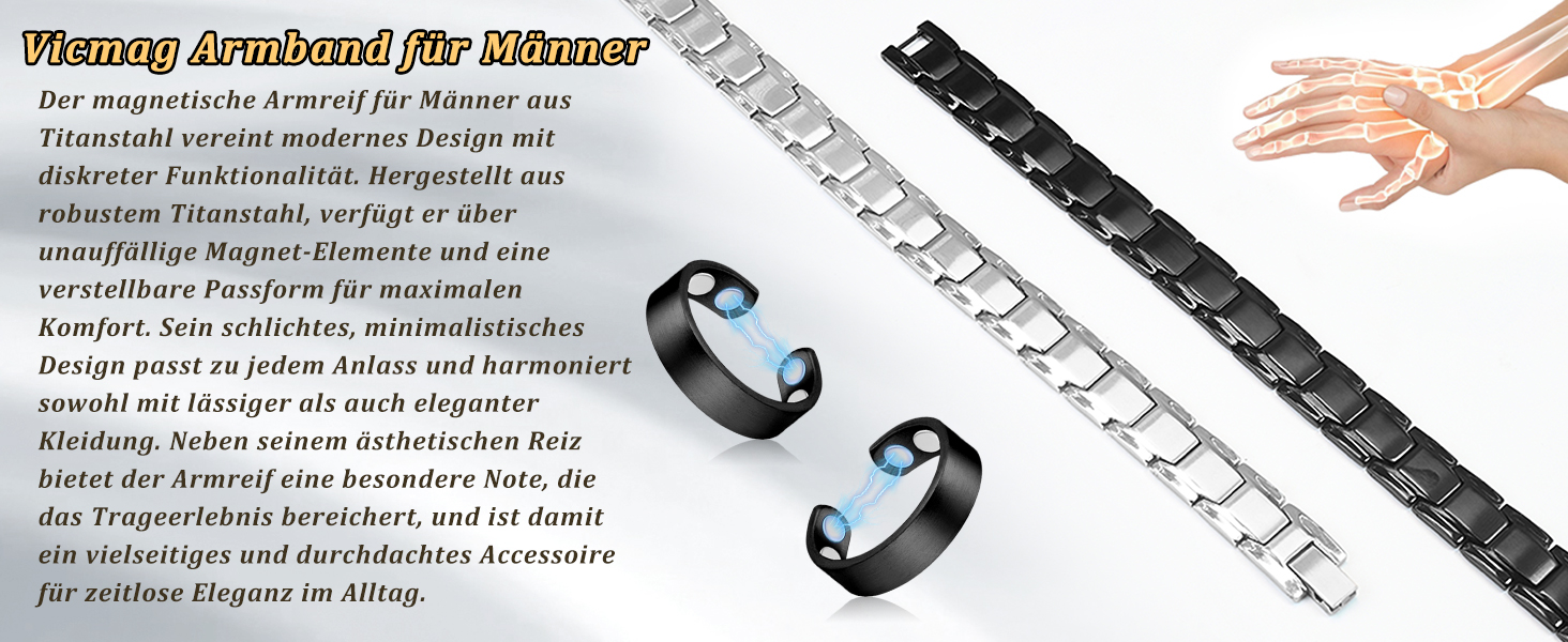 Браслет магнітний чоловічий Vicmag з титанової сталі, подвійний ряд магнітів, регулювальний інструмент, подарункова коробка (однорядний, срібний)