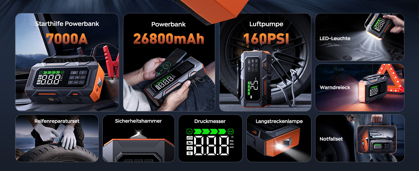 Powerbank для авто 26800mAh 7000A з компресором 160PSI, старт допомога, 5 LED, набір для ремонту шин, молоток, підтримка бензину/дизеля