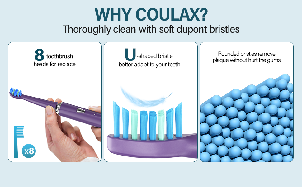 Електрична зубна щітка Coulax для дорослих та дітей, 8 насадок, 5 режимів, таймер 2 хв, темно-фіолетовий