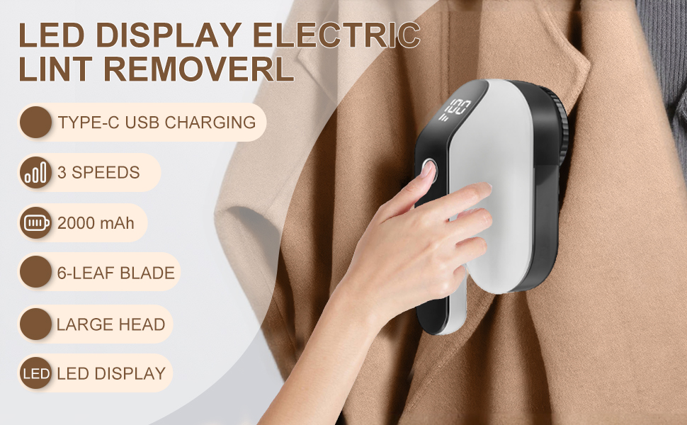 Електричний видалення ворсу Fusselrasierer з LED-дисплеєм, 3 режими потужності, USB, 3 змінні леза, для всіх тканин