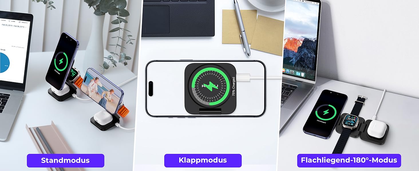 Зарядний пристрій KU XIU X55 Turbo Qi2.2 25W 3-в-1 для Apple Watch, iPhone 17-12 та AirPods, магнітний складаний стенд, адаптер 45W (Чорний)