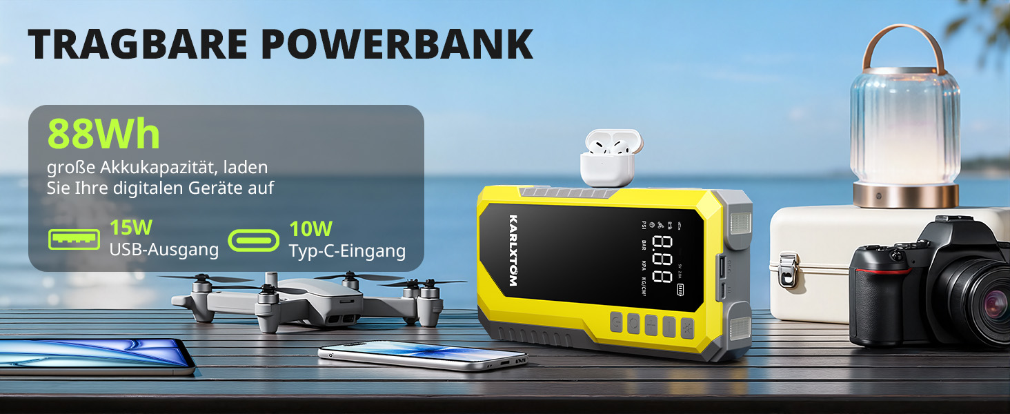 Powerbank для авто Karlxtom з компресором 190PSI, 88Wh, 4500A, LED-ліхтар, LCD-дисплей, для бензинових та дизельних двигунів (до 10L)