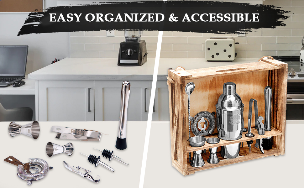 Набір для приготування коктейлів PAVOCI: 11 предметів, шейкер, барменський інструмент з нержавіючої сталі, дерев'яний підставник, аксесуари. Ідеально для дому, бару, професійного використання