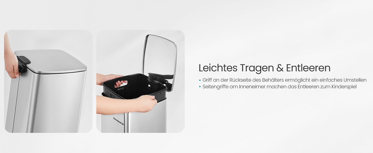 Відро для сміття SONGMICS 20 л з педаллю, сталеве, з внутрішнім відром, Soft-Close, металік срібло