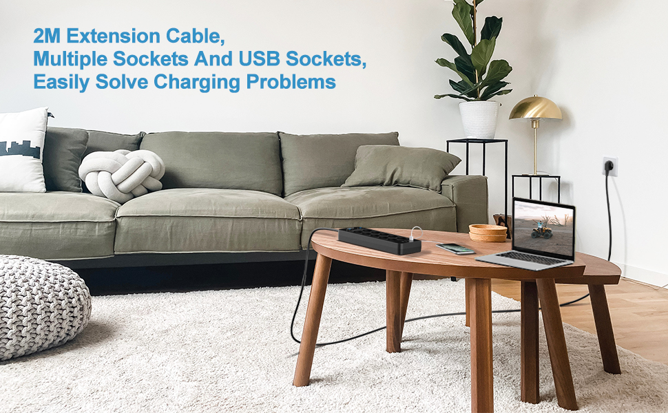 Мережевий фільтр NVEESHOX з 10 розеток, 3 USB-A та 1 USB-C (20W PD), з індивідуальними вимикачами, захист від перенапруги, 2м, для дому та офісу (Чорний)