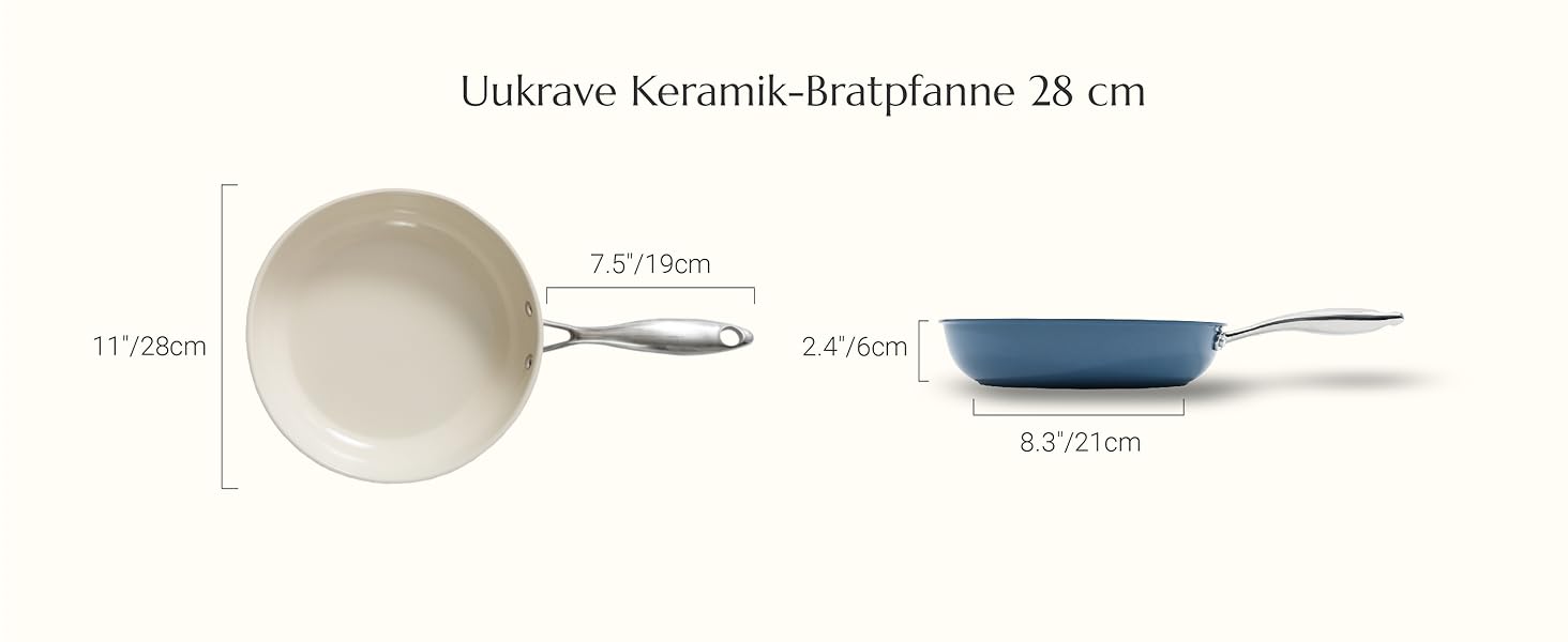 UUKRAVE Сковорода індукційна 28 см з керамічним антипригарним покриттям, ручка з нержавіючої сталі, без PTFE, PFOA, PFAS, для духовки (Синя)