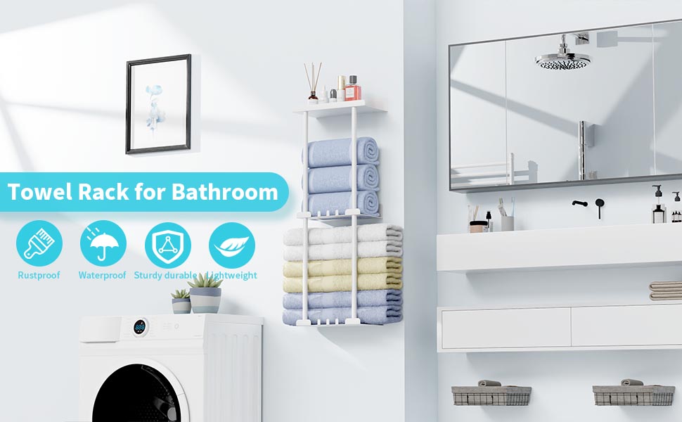 Тримач для рушників без свердління, настінний, з 6 гачками та полицею для ванної кімнати/кухні, матовий, для гостей, білий