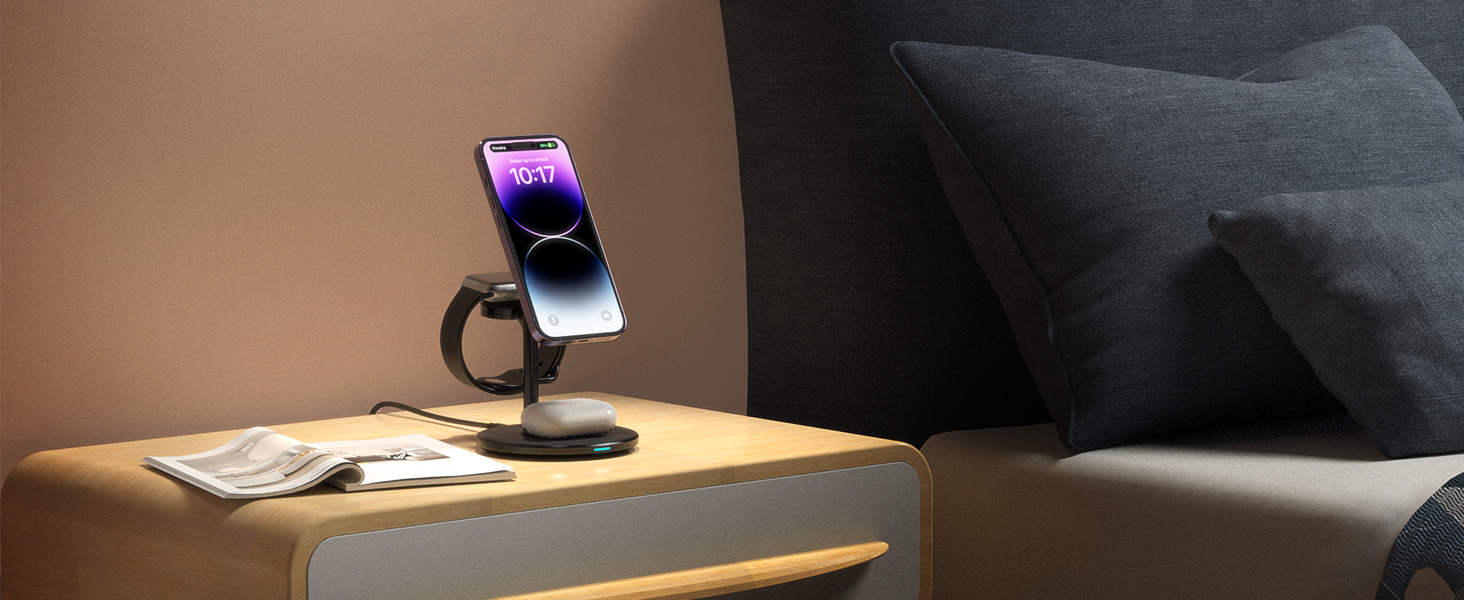 3-в-1 індукційна зарядка для декількох пристроїв, 15W MagSafe зарядка для iPhone 15/14, MagSafe зарядний пристрій для iWatch Ultra 2/1/Series 9/8, AirPods, білий/чорний