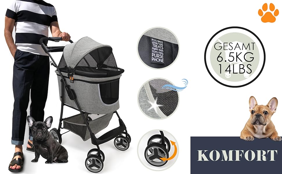 Візок-переноска для собак 2-в-1 CECE | Складаний візок з кошиком для покупок | Сірий меланж