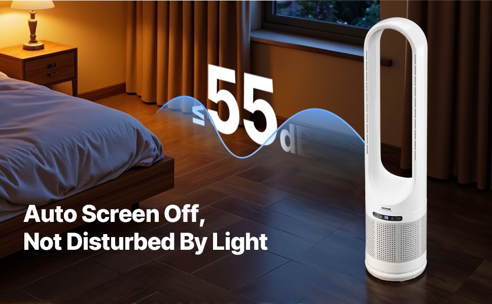 Турбо-вентилятор VEVOR без лопатей з HEPA-фільтром, 4.7 м/с, 8 швидкостей, осциляція 80°, таймер 8 годин, пульт ДК, режим очищення повітря