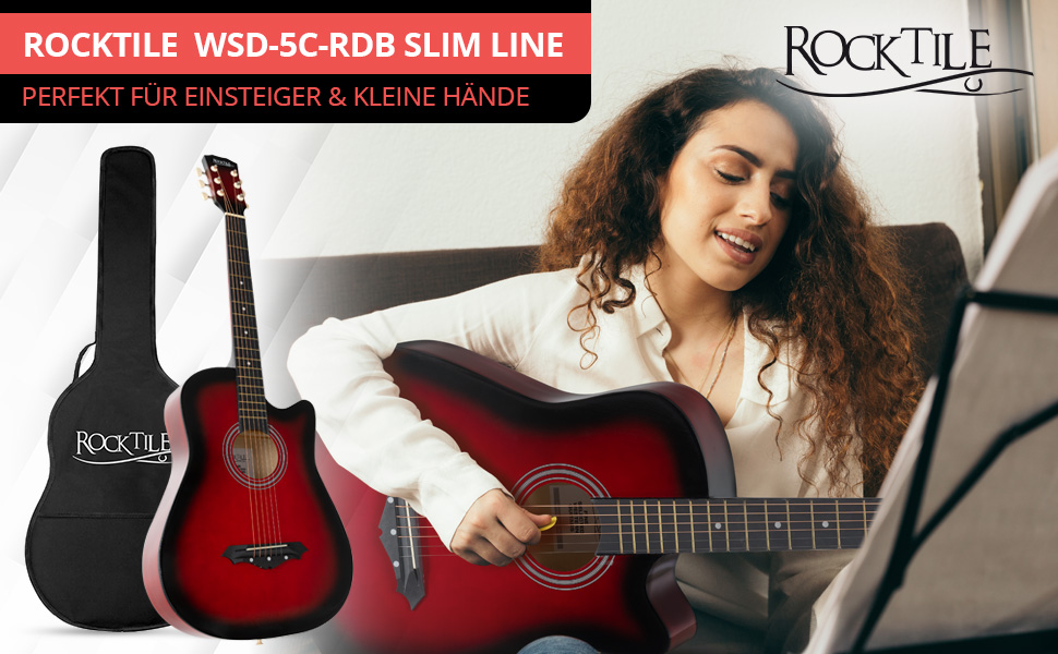 Rocktile WSD-5C-RDB: Акустична гітара Вестерн Slim Line - комплект з чохлом, струнами, ремінком та медіатором. Корпус з липи, гриф з катальпи. Колір: Redburst
