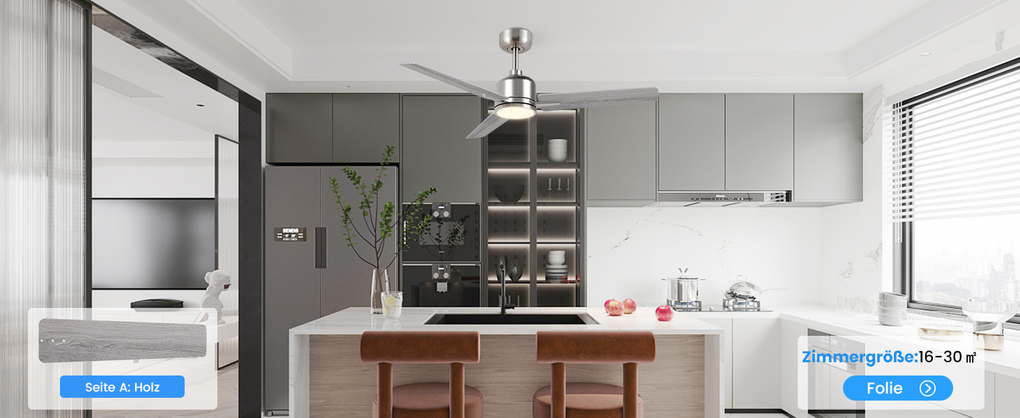 Стеляний вентилятор Newday білий, 122 см з підсвіткою та пультом керування. Безшумний вентилятор для стелі з лампою, регульована яскравість, DC мотор, реверсивний для спальні та вітальні (107-silber-holz)