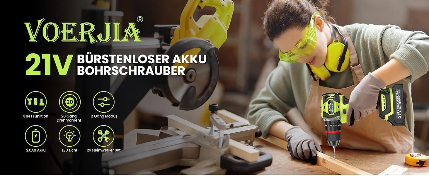 Акумуляторний дриль-шуруповерт 21V з набором аксесуарів (29 шт), безщітковий двигун, 2 акумулятори 2000 mAh, LED-ліхтар, 2 швидкості