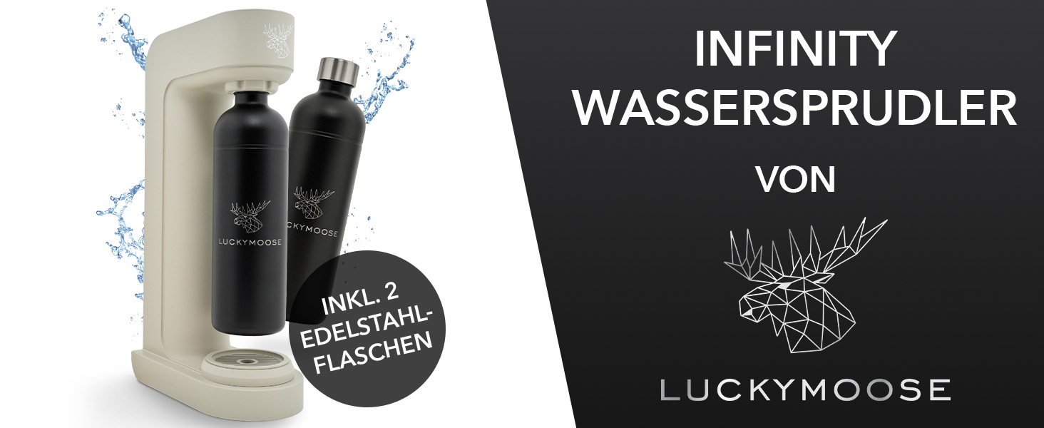 Luckymoose Infinity: Сифон для газування води з 2 пляшками з нержавіючої сталі 1.25л (пісок - 2x чорні) - економія CO₂