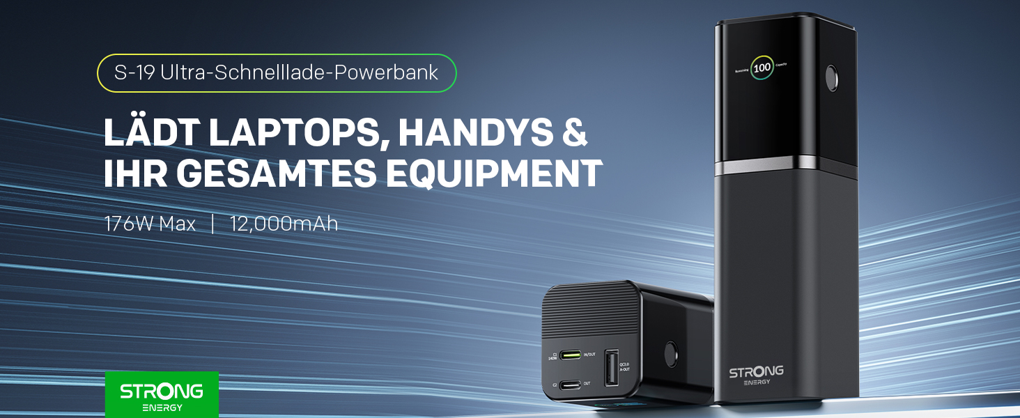 Powerbank STRONG S-19, 12000mAh, 176W, USB-C PD 3.1 + UFCS, TFT-дисплей, для iPhone, Galaxy, MacBook, iPad, для подорожей